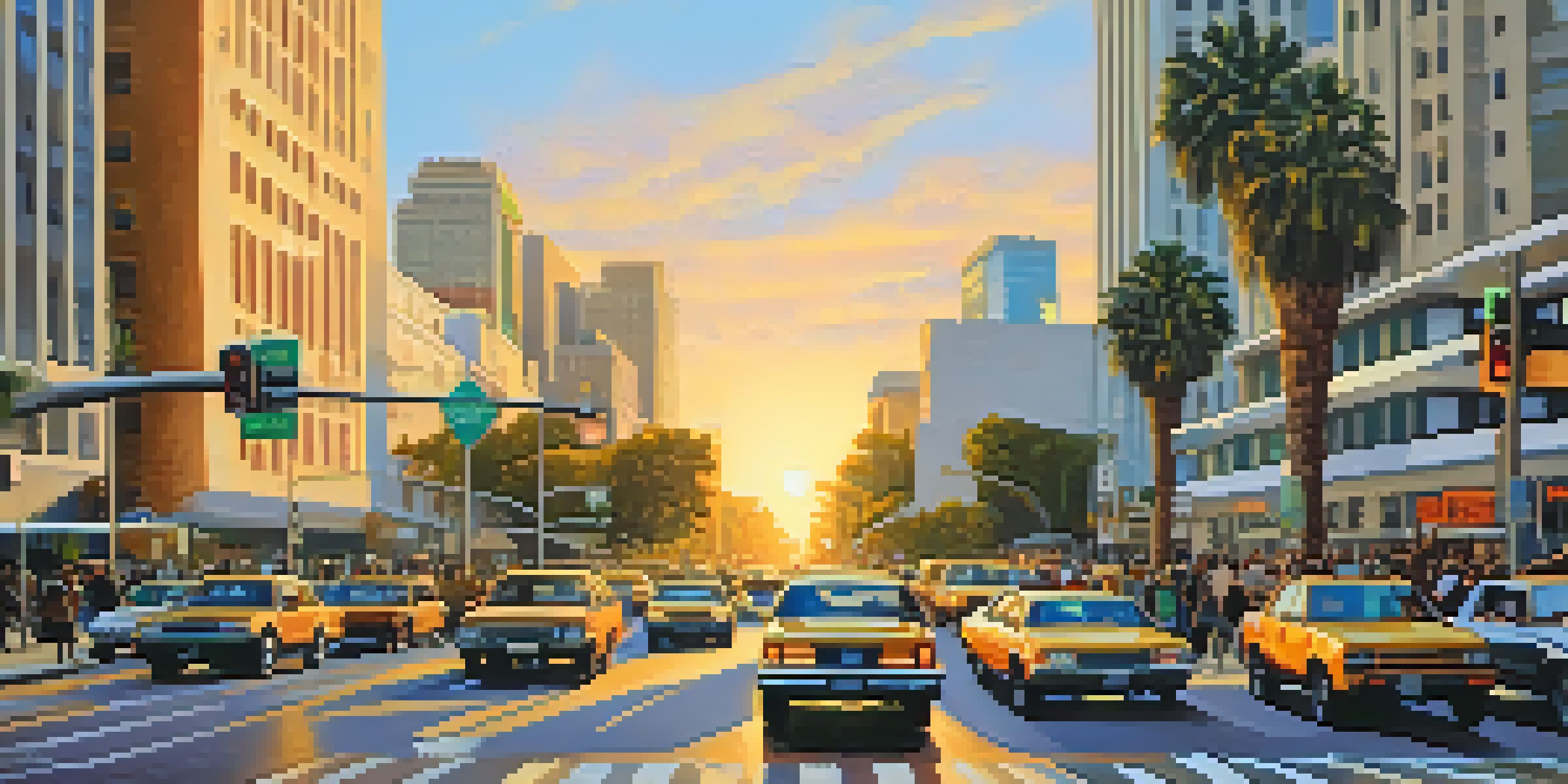 A busy Los Angeles street with adaptive traffic signals, various vehicles, and pedestrians waiting to cross.