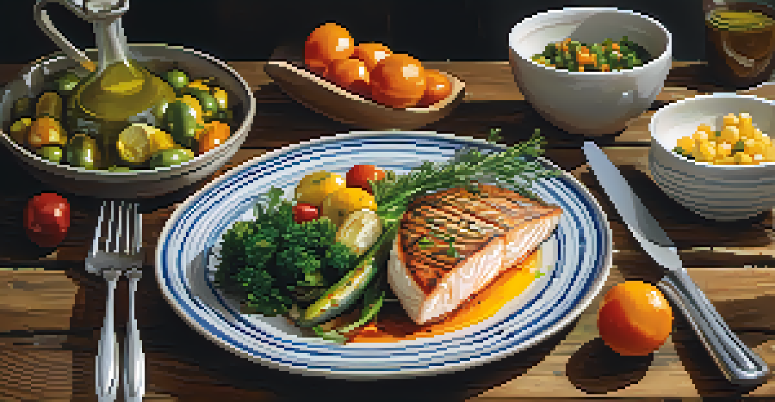 A close-up of a colorful farm-to-table meal with fresh vegetables and grilled fish on a rustic wooden table.