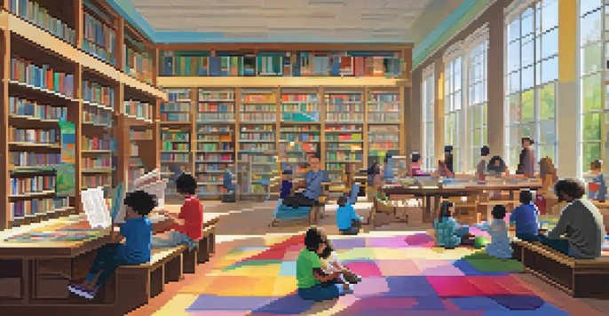 A lively community library with diverse individuals reading, participating in workshops, and surrounded by shelves of colorful books.