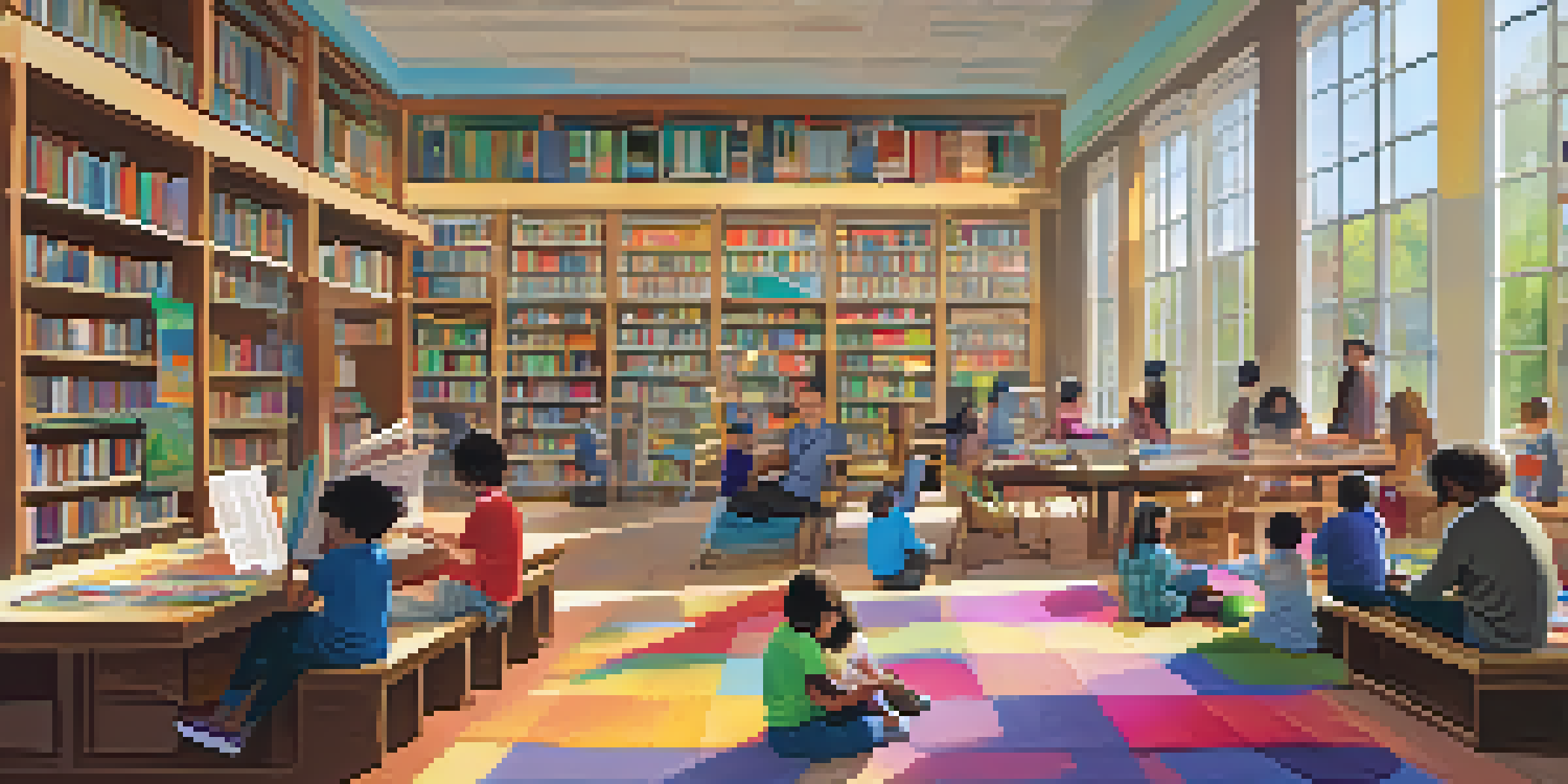 A lively community library with diverse individuals reading, participating in workshops, and surrounded by shelves of colorful books.