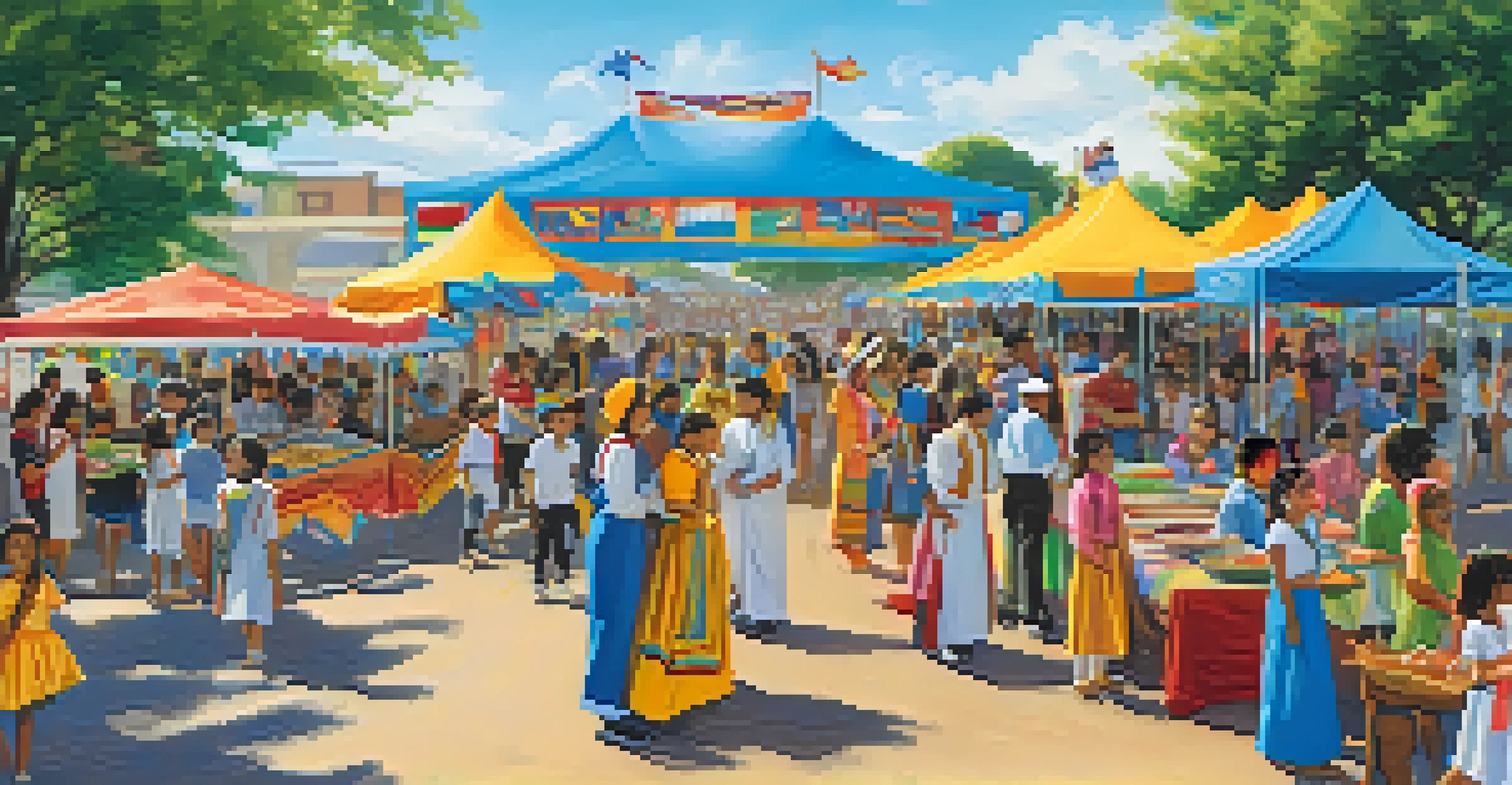 A vibrant community cultural fair in a schoolyard with booths showcasing different cultures, families enjoying food and performances.