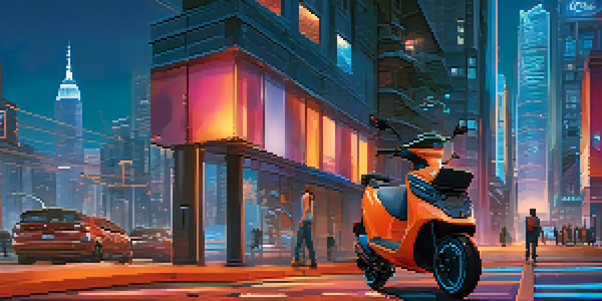 A vibrant city skyline with neon lights at dusk, featuring an electric scooter in the foreground and pedestrians in the background.