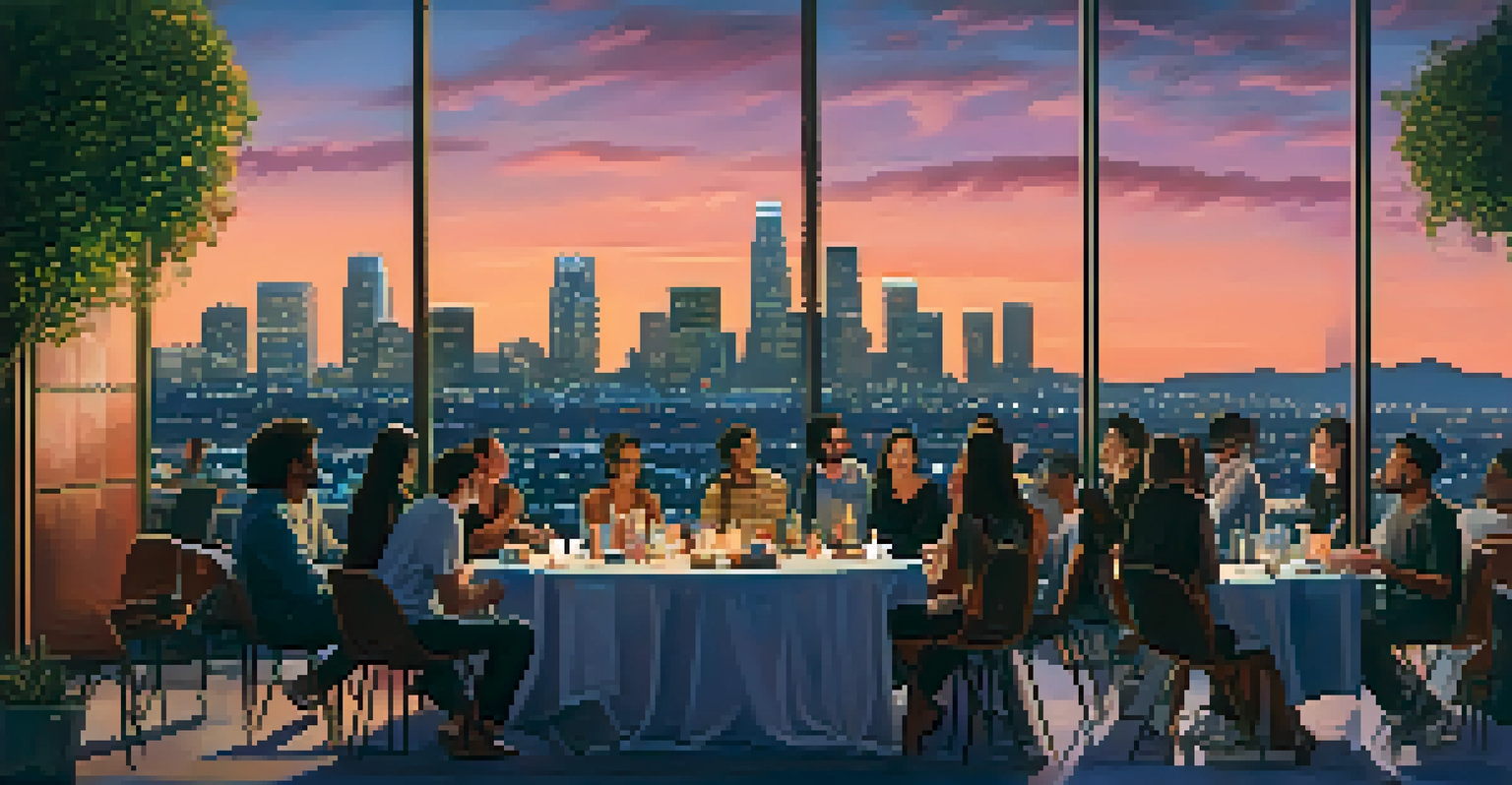 Los Angeles skyline at twilight with illuminated skyscrapers, featuring tech enthusiasts networking around a table during an outdoor meetup.