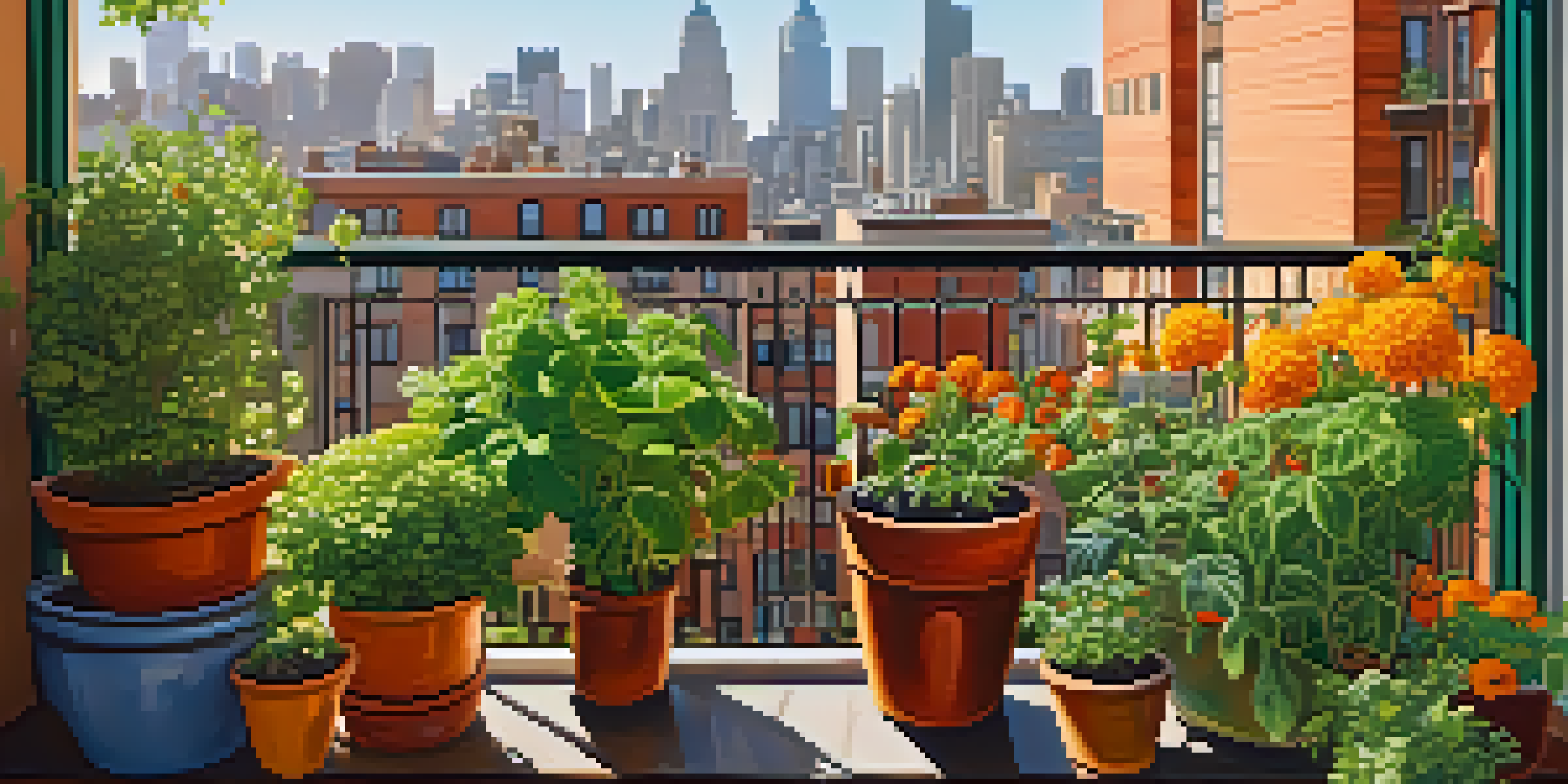 A small balcony filled with various potted plants, including herbs and vegetables, under warm afternoon light with a city skyline in the background.