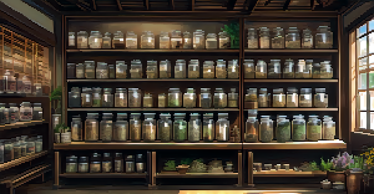 A traditional Chinese herbal medicine shop in Chinatown, filled with jars of herbs and softly lit with natural light.