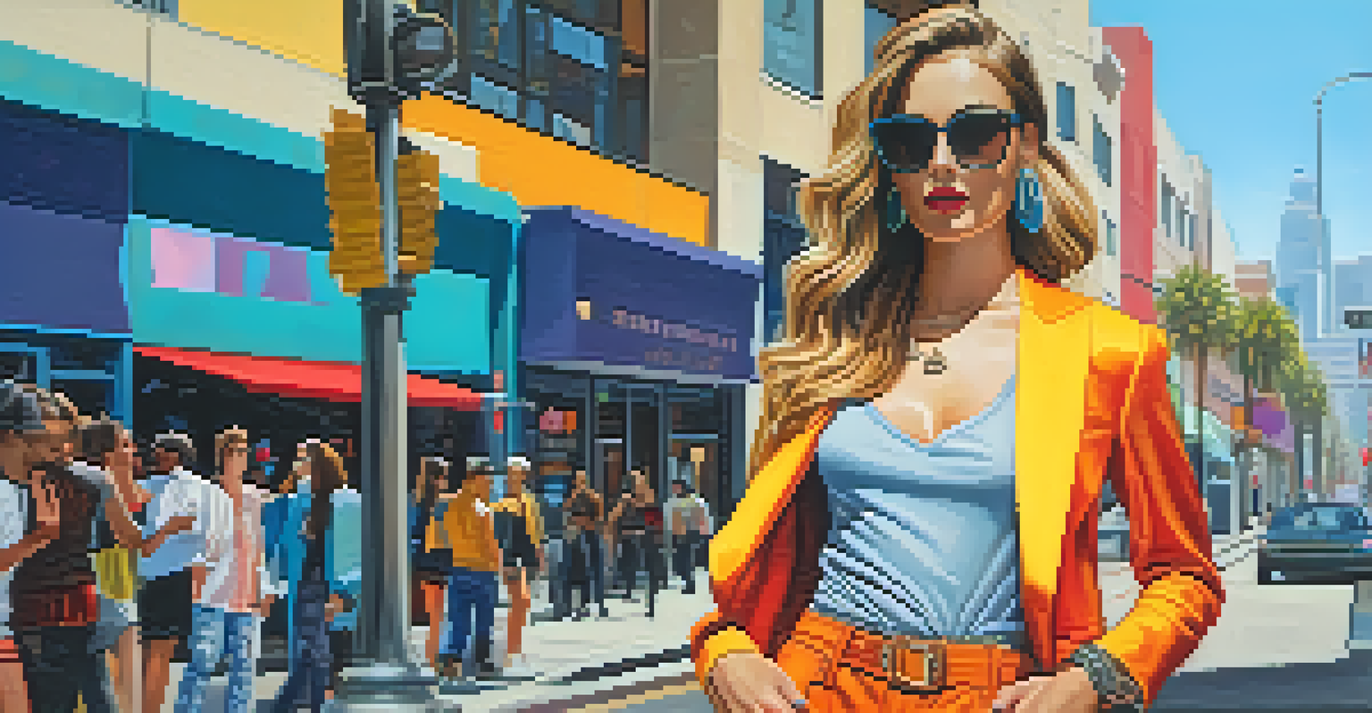 A fashionable individual standing on a busy Los Angeles sidewalk, surrounded by boutiques and street art, highlighting modern fashion trends.