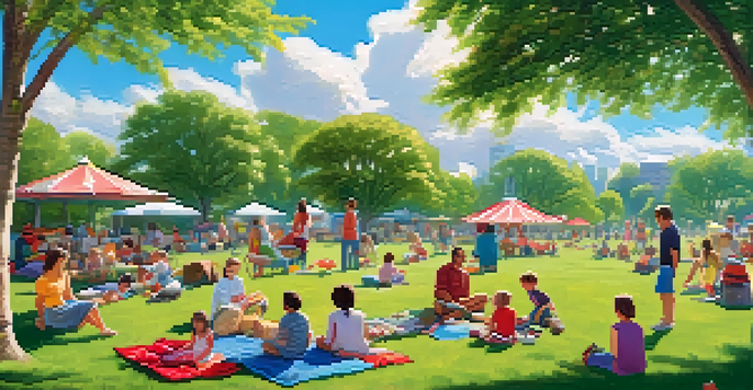 A sunny community park filled with families having a picnic, children playing, and a donation box in the foreground.
