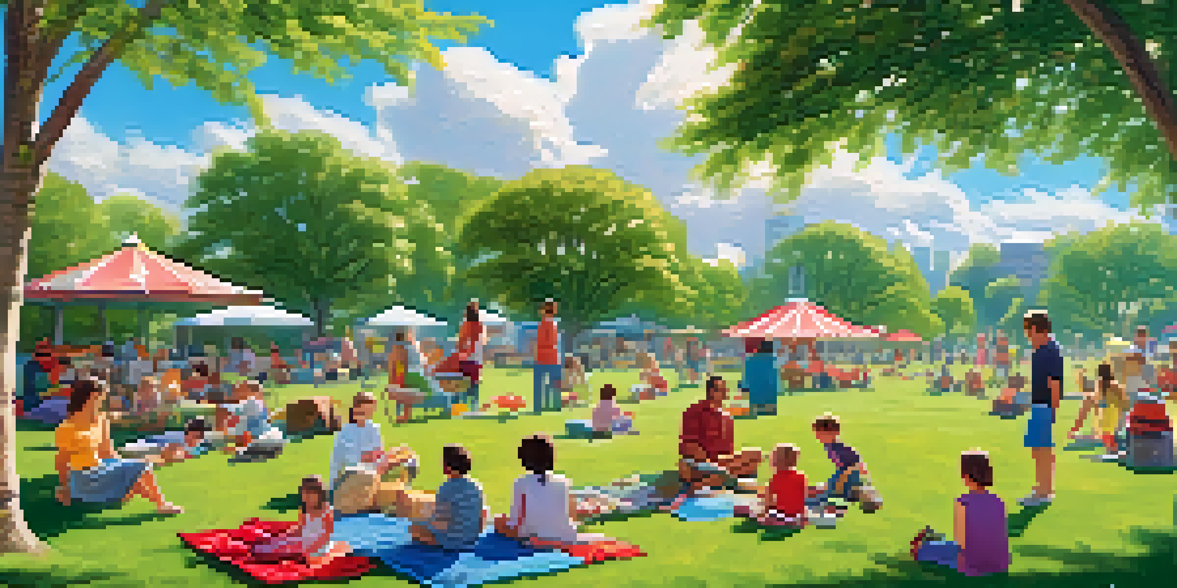 A sunny community park filled with families having a picnic, children playing, and a donation box in the foreground.