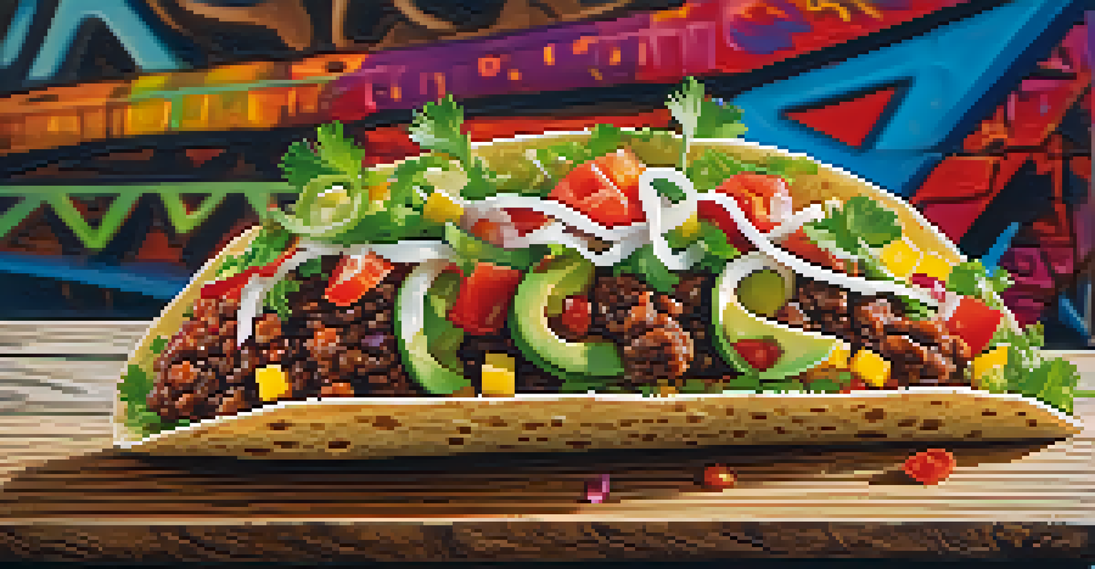 A gourmet taco beautifully arranged on a wooden table, showcasing fresh ingredients and a colorful food truck in the background.