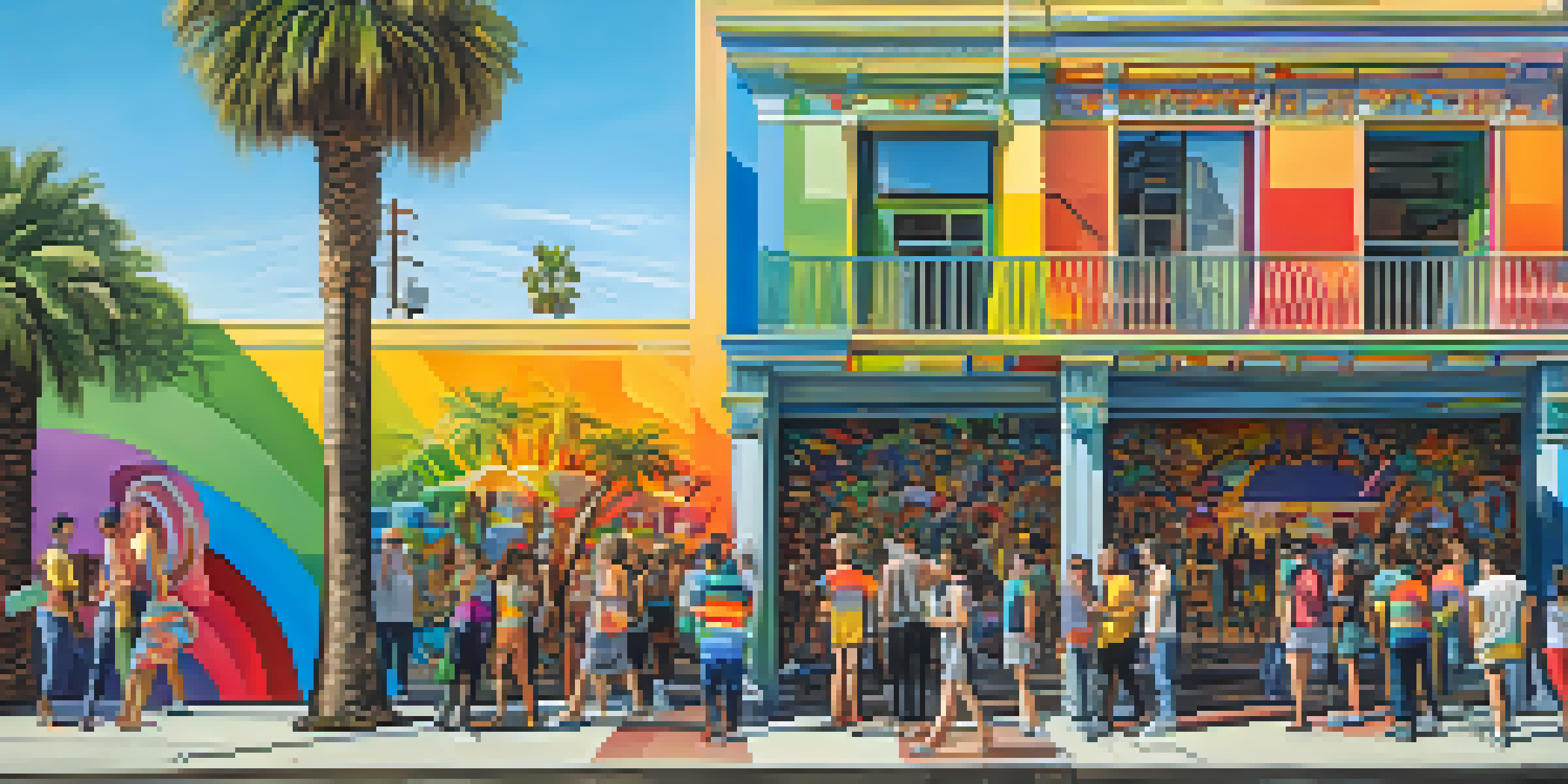 A colorful mural in Los Angeles depicting LGBTQ+ pride with diverse figures and symbols of love against a sunny backdrop.