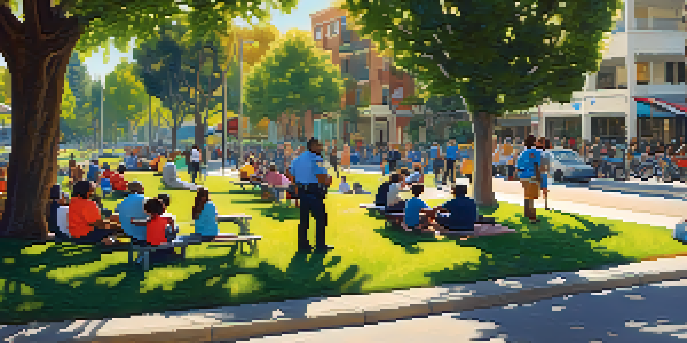 A lively park in Los Angeles with community members participating in a neighborhood watch meeting, a police officer engaging with residents, and children playing.