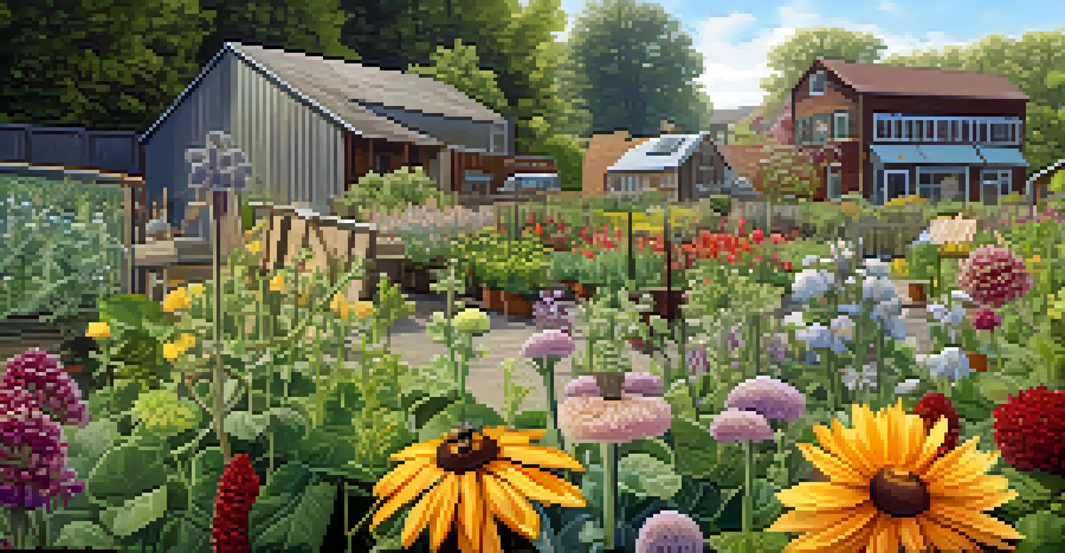 Close-up view of a diverse community garden with various plants and flowers, and bees pollinating.
