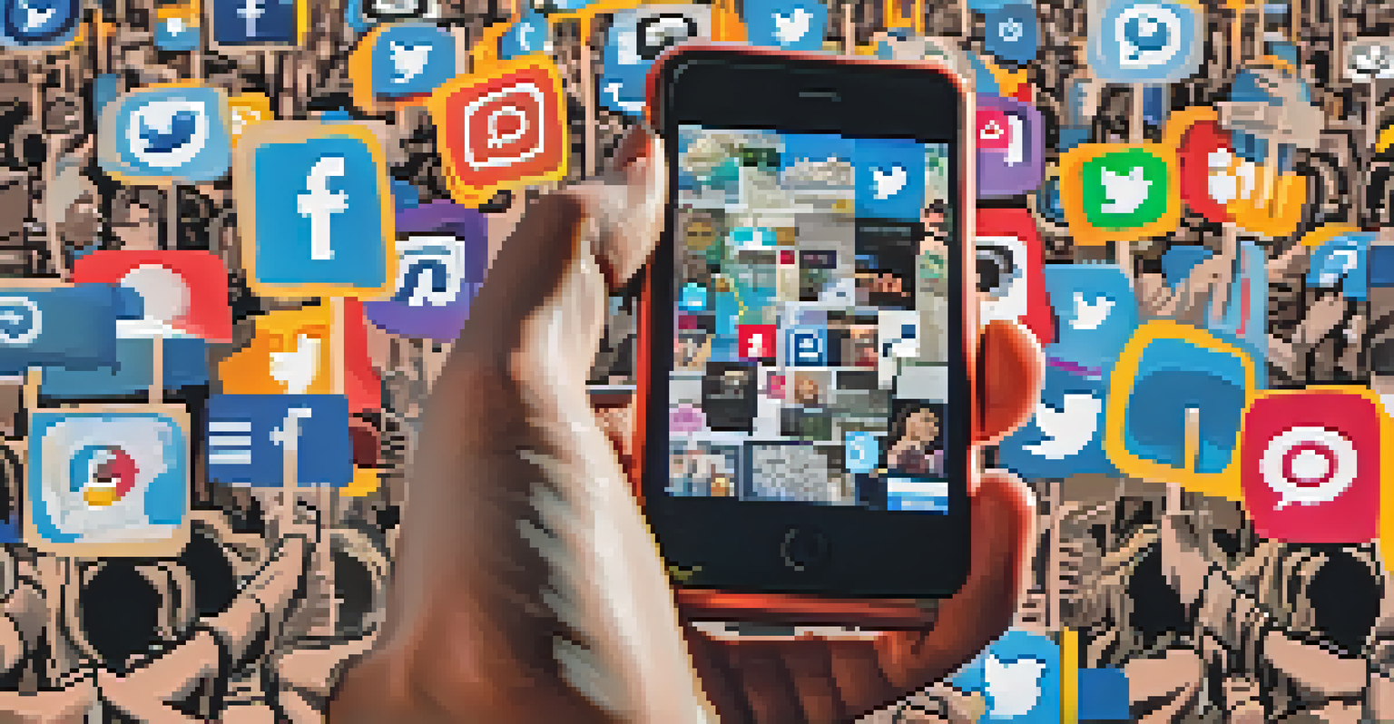 Close-up of a smartphone showing social media activism posts, with a person's hand holding it, symbolizing unity.