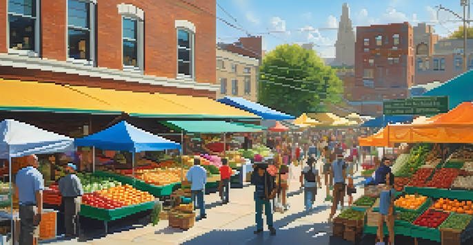 A busy farmer's market in an urban area with colorful stalls and diverse people enjoying fresh produce.
