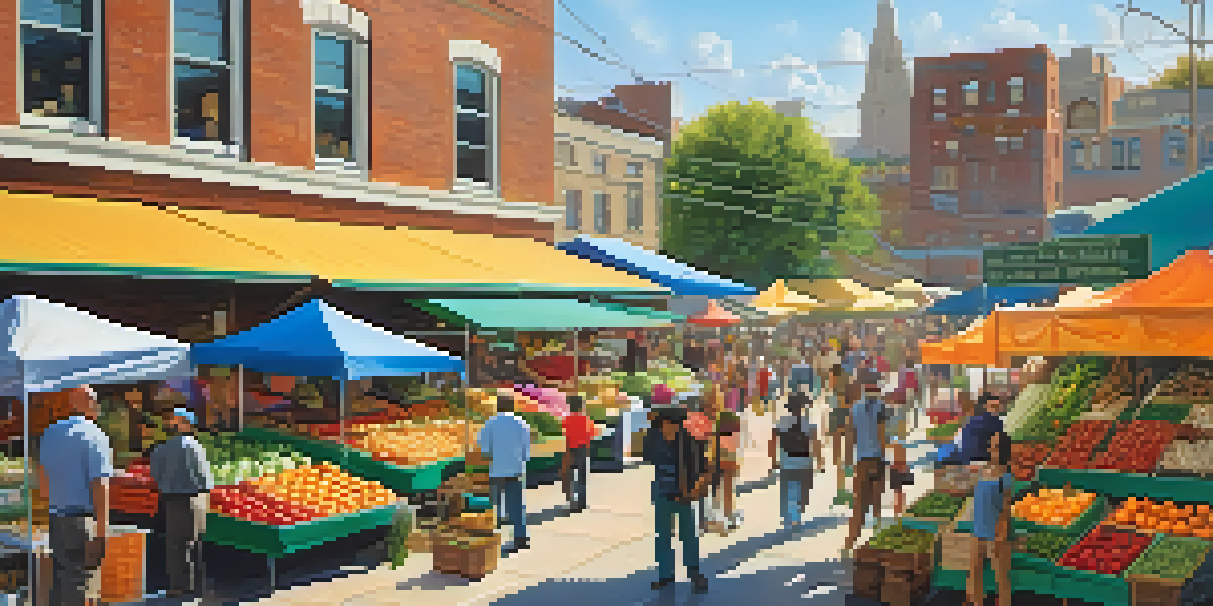 A busy farmer's market in an urban area with colorful stalls and diverse people enjoying fresh produce.