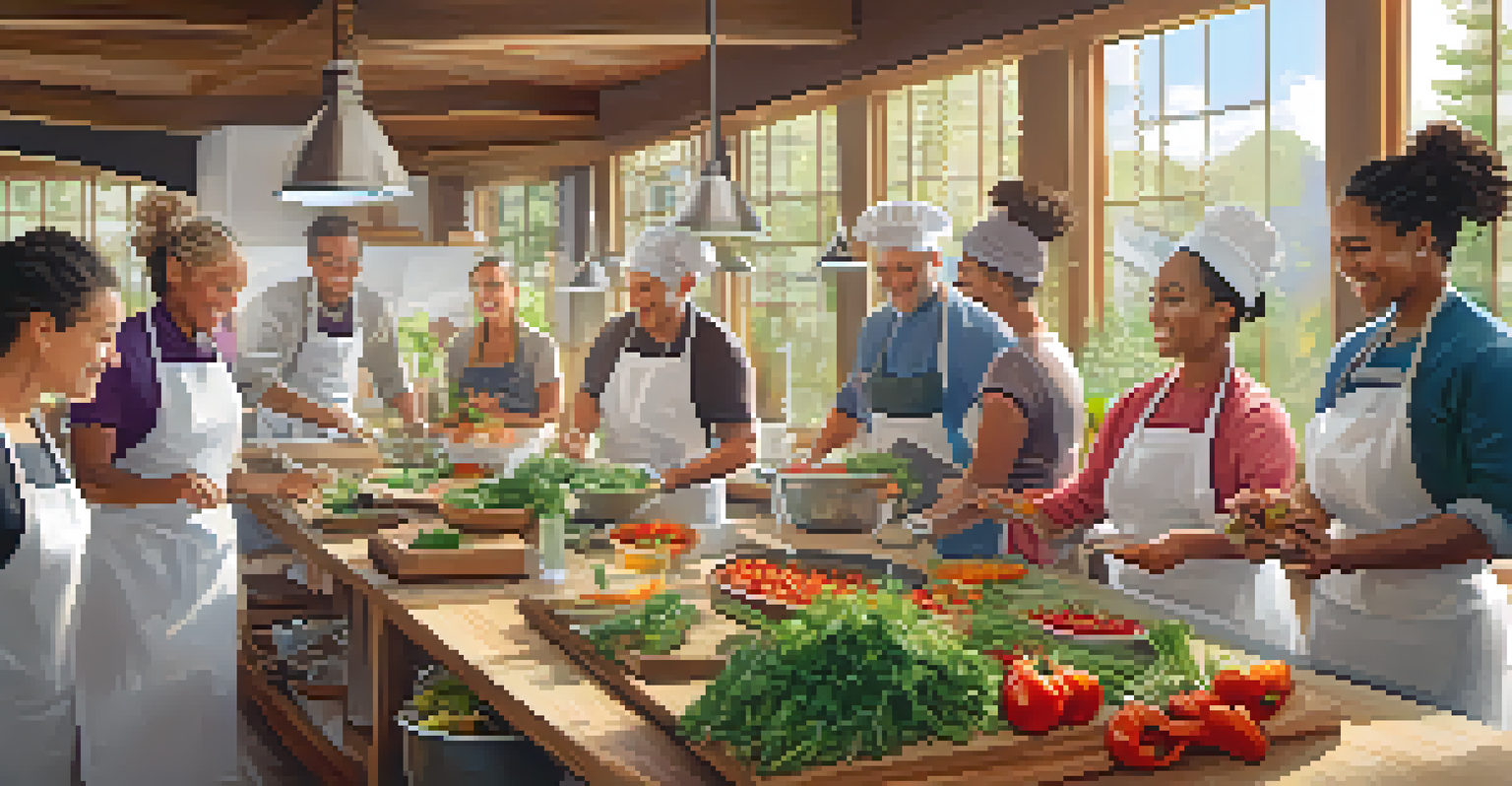 A cooking class at a wellness retreat with participants preparing healthy meals with fresh vegetables and herbs.