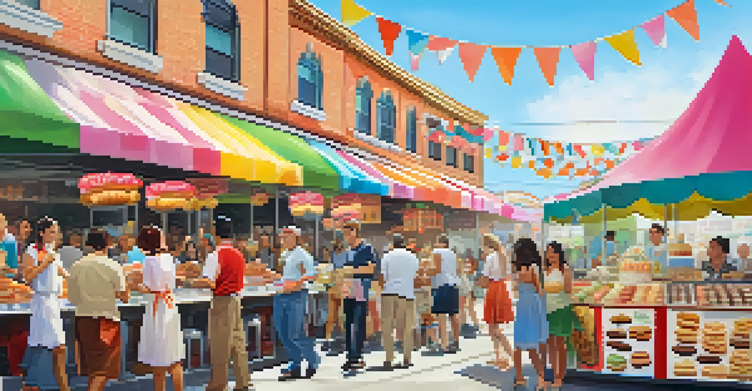 A lively street food festival with dessert stands selling churros and mochi ice cream, featuring diverse people enjoying the treats.