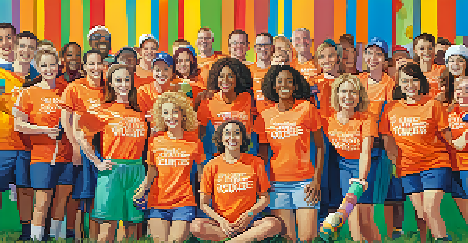 A group of smiling volunteers posing for a photo after a sports event, holding soccer balls and equipment.