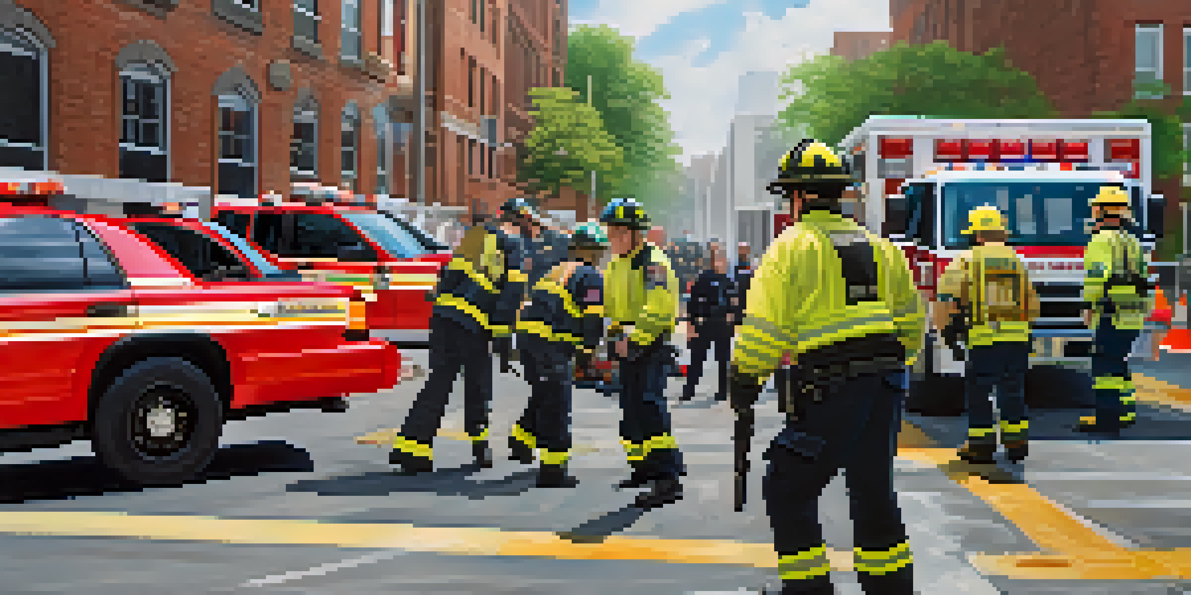 A diverse group of first responders collaborating at an emergency scene, with vehicles in the background and bright daylight.