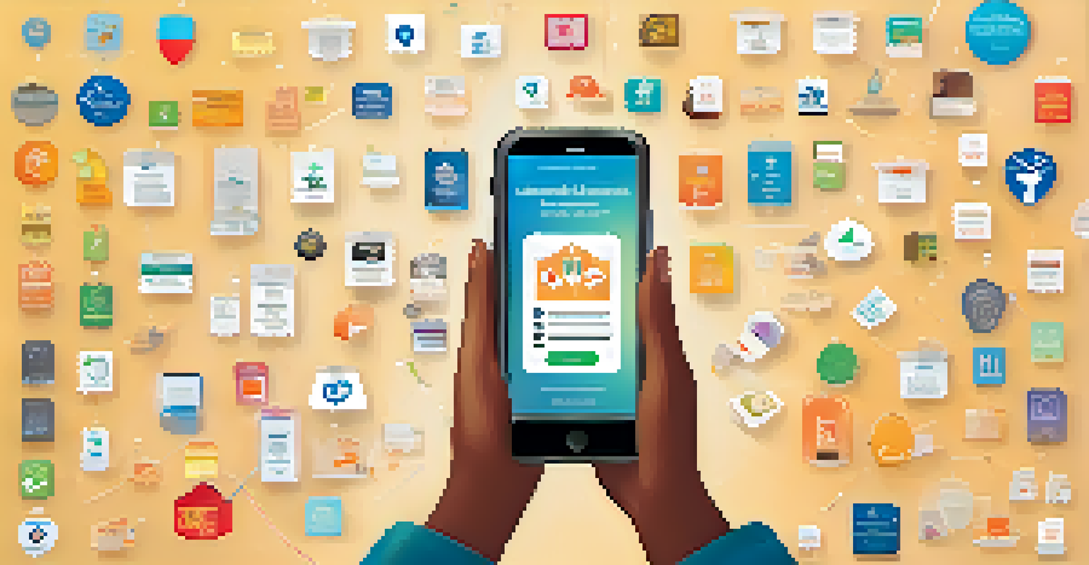 A young donor using a mobile app to make a donation, surrounded by icons of various nonprofits, featuring a bright and modern design.