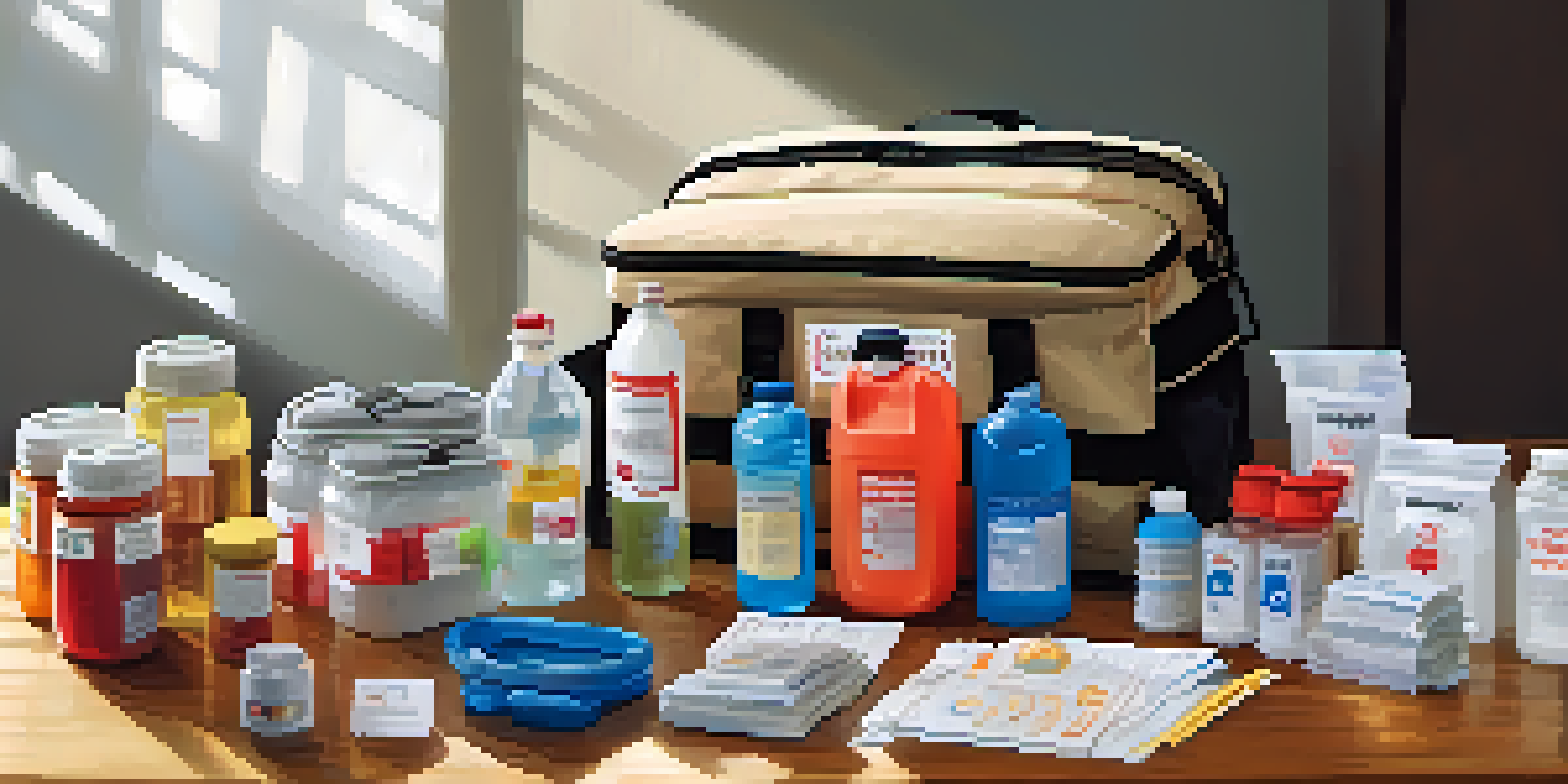 An organized emergency kit on a table with water bottles, food, first-aid supplies, and documents, well-lit by natural light.