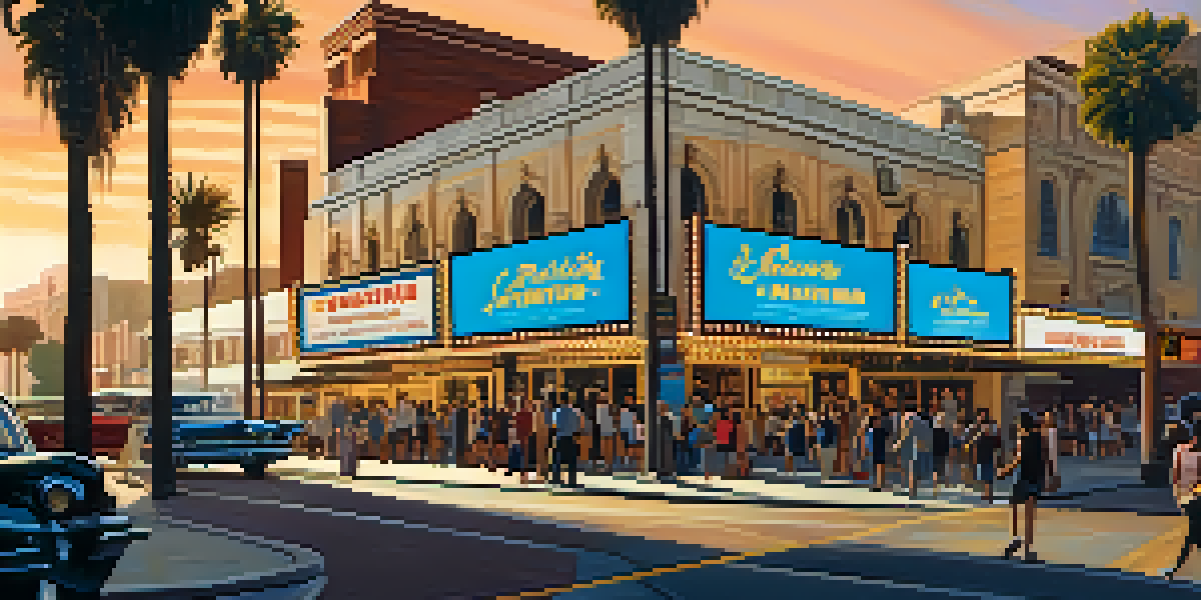 A lively street scene at the Los Angeles Film Festival with a diverse crowd outside a historic cinema, illuminated by a warm sunset.