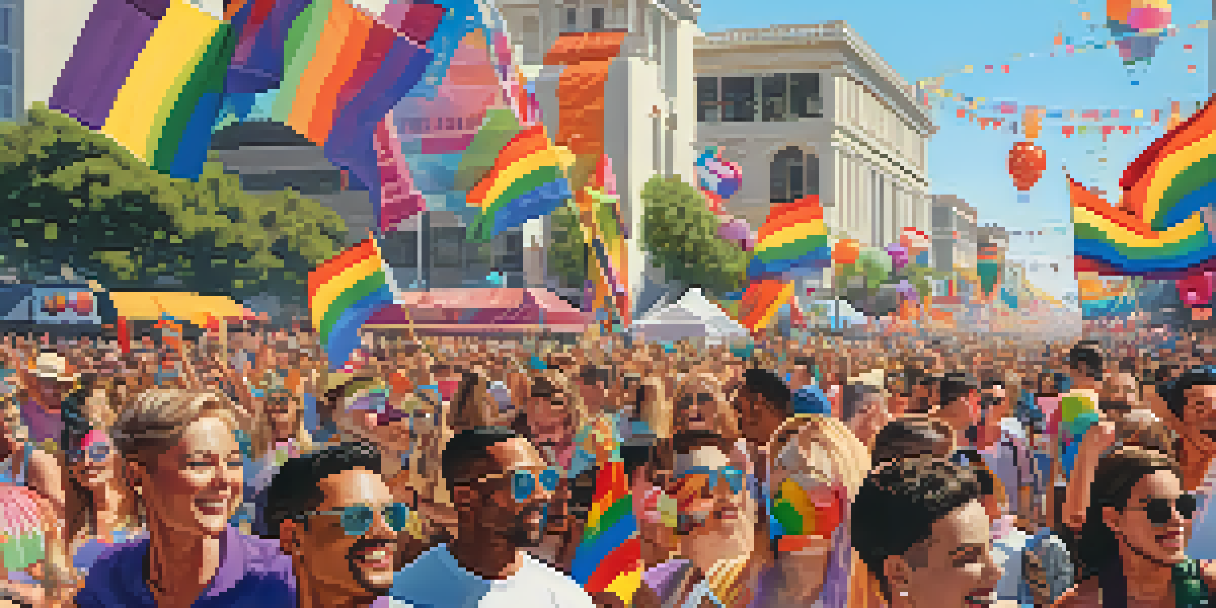 A diverse crowd celebrating at a Pride parade in Los Angeles, with colorful flags and costumes against a sunny backdrop.