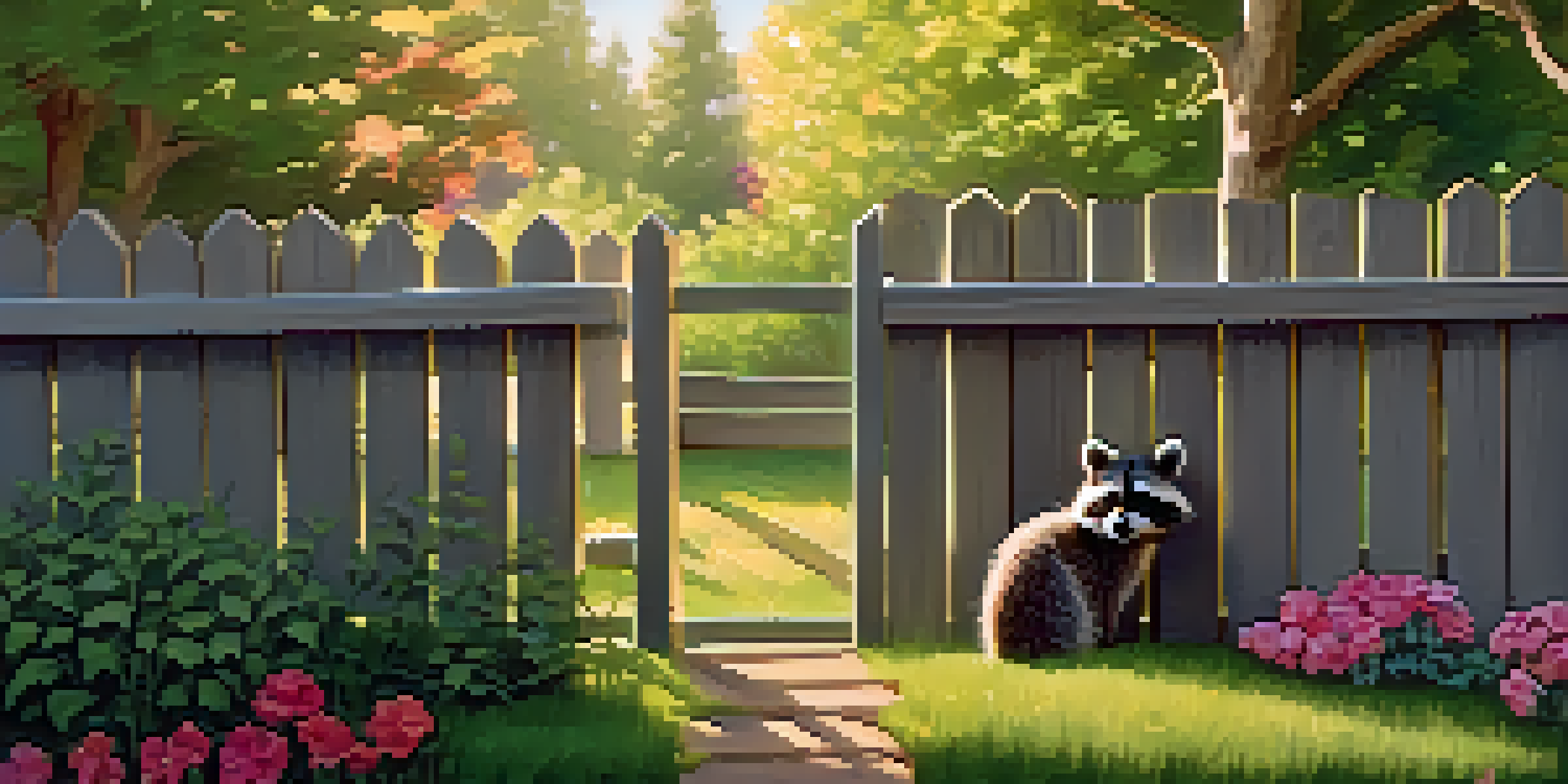 A raccoon looking through a wooden fence in a suburban backyard filled with flowers and a birdhouse, illuminated by soft sunlight.