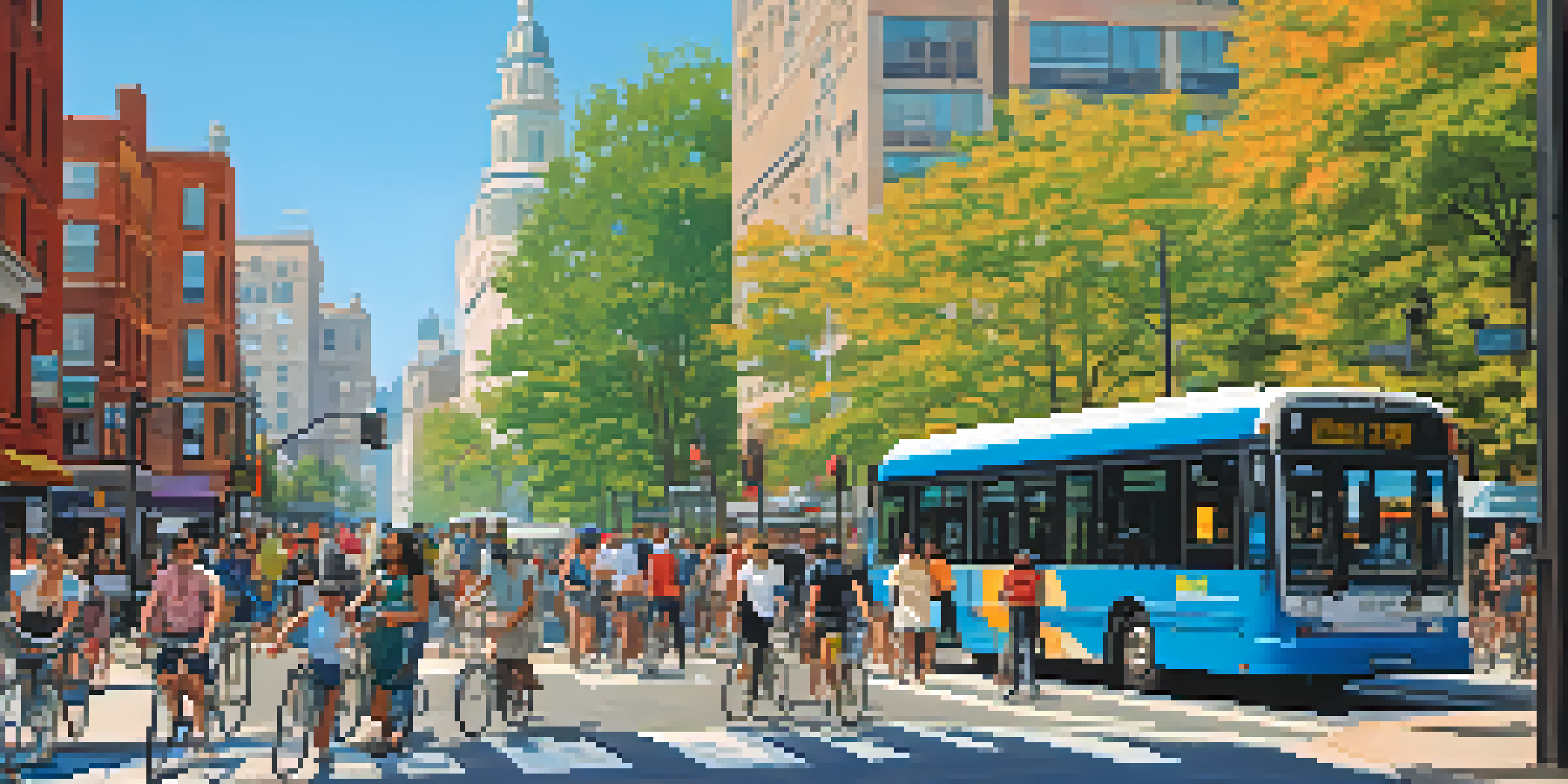 A busy city street with cyclists using bike lanes and a bus stop filled with commuters, surrounded by trees and colorful shops under a blue sky.