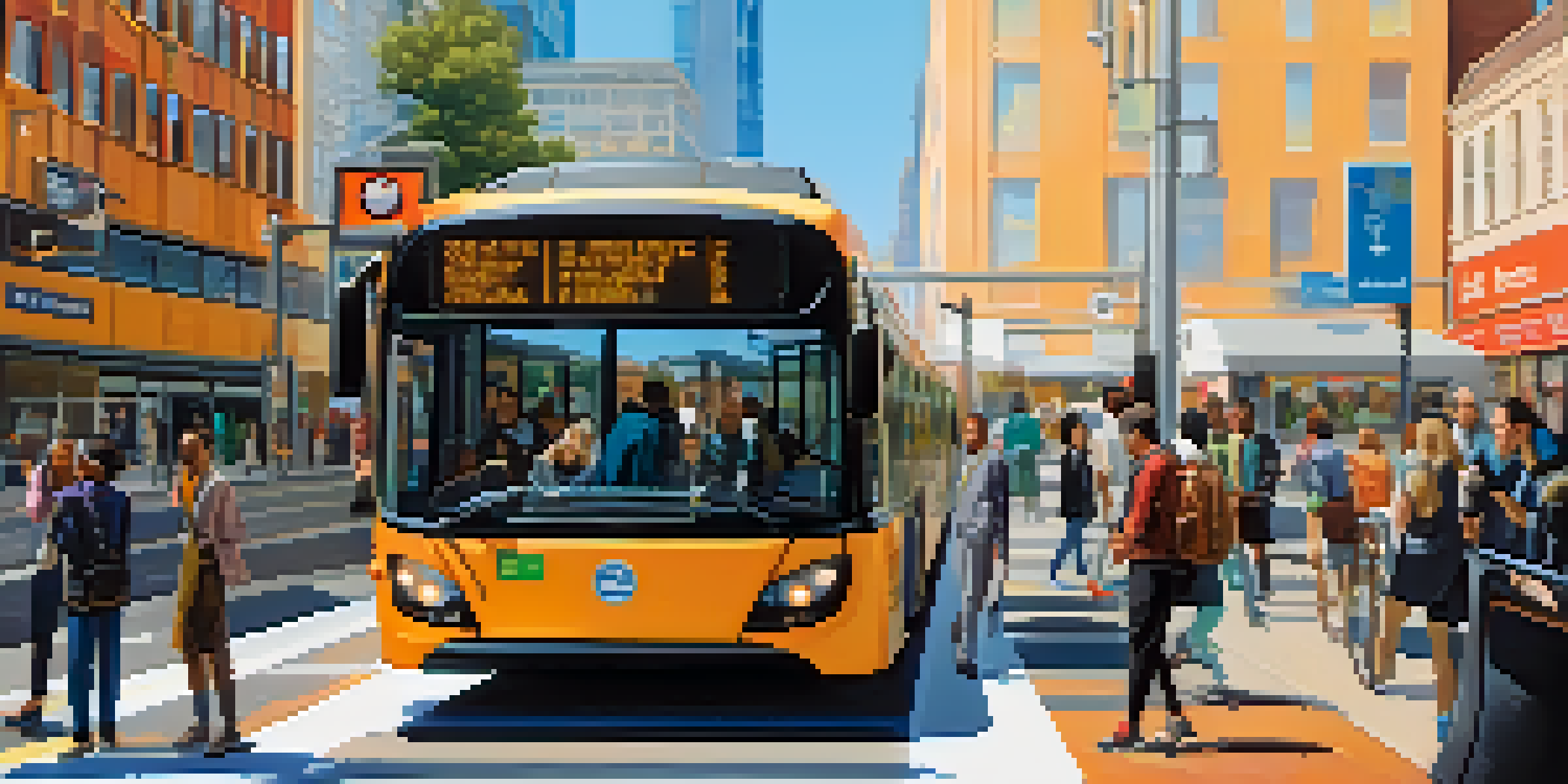 A busy city bus stop with digital screens showing arrival times, featuring diverse passengers and electric buses in the background.