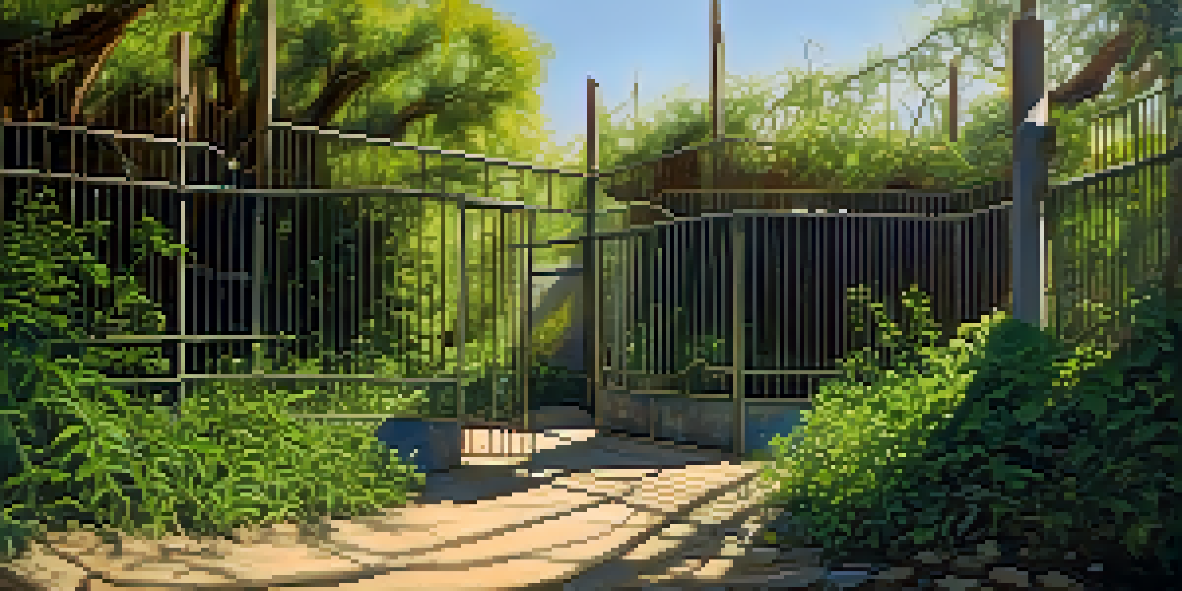 An abandoned zoo with crumbling enclosures covered in green vines and wildflowers, illuminated by soft sunlight.