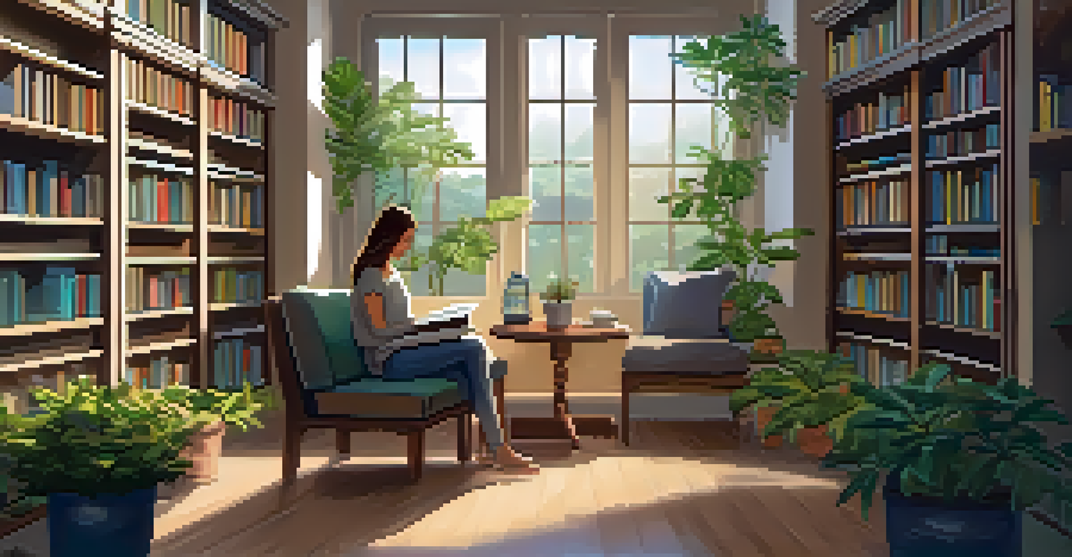 A calm library reading nook dedicated to mental health, with soft lighting, comfortable seating, and resources available.