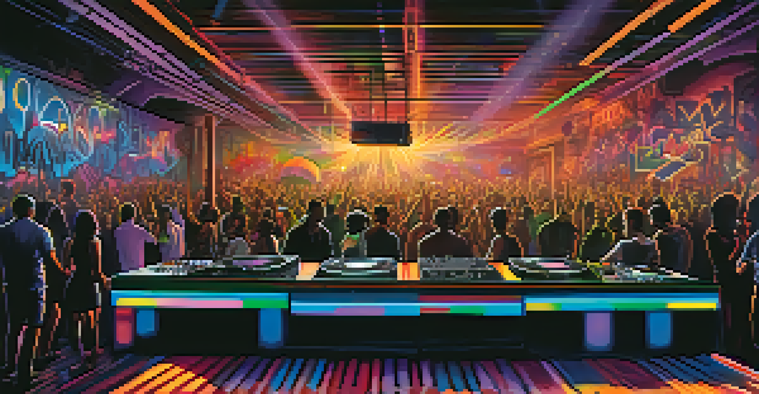 A crowded underground club with a DJ booth and colorful lights, showcasing energetic party-goers dancing.