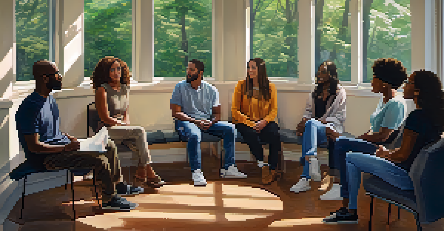 A diverse support group meeting with individuals sitting in a circle, sharing and listening to each other in a warm atmosphere.