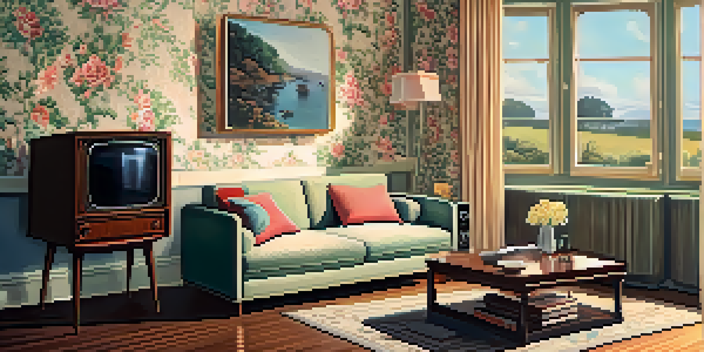 A vintage 1950s living room with a cozy atmosphere, featuring a black and white television, floral couch, and warm lighting.