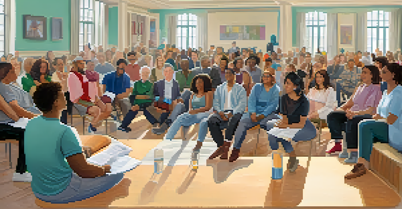 A diverse group of people engaged in discussion at a town hall meeting about mental health policies.