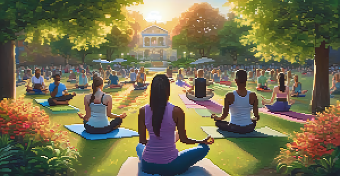 A peaceful community park at sunset with people practicing yoga and meditating among trees and flowers.