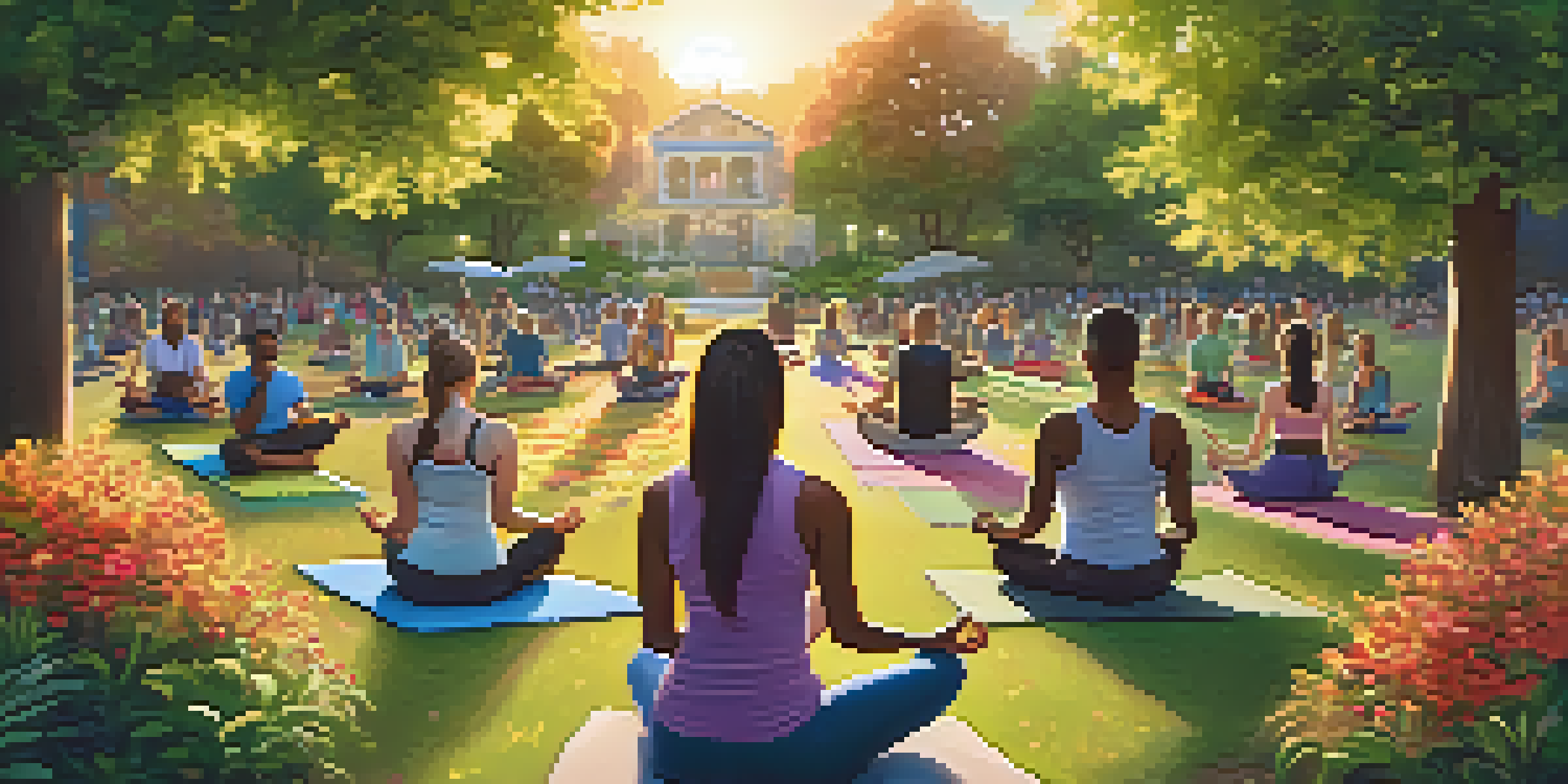 A peaceful community park at sunset with people practicing yoga and meditating among trees and flowers.