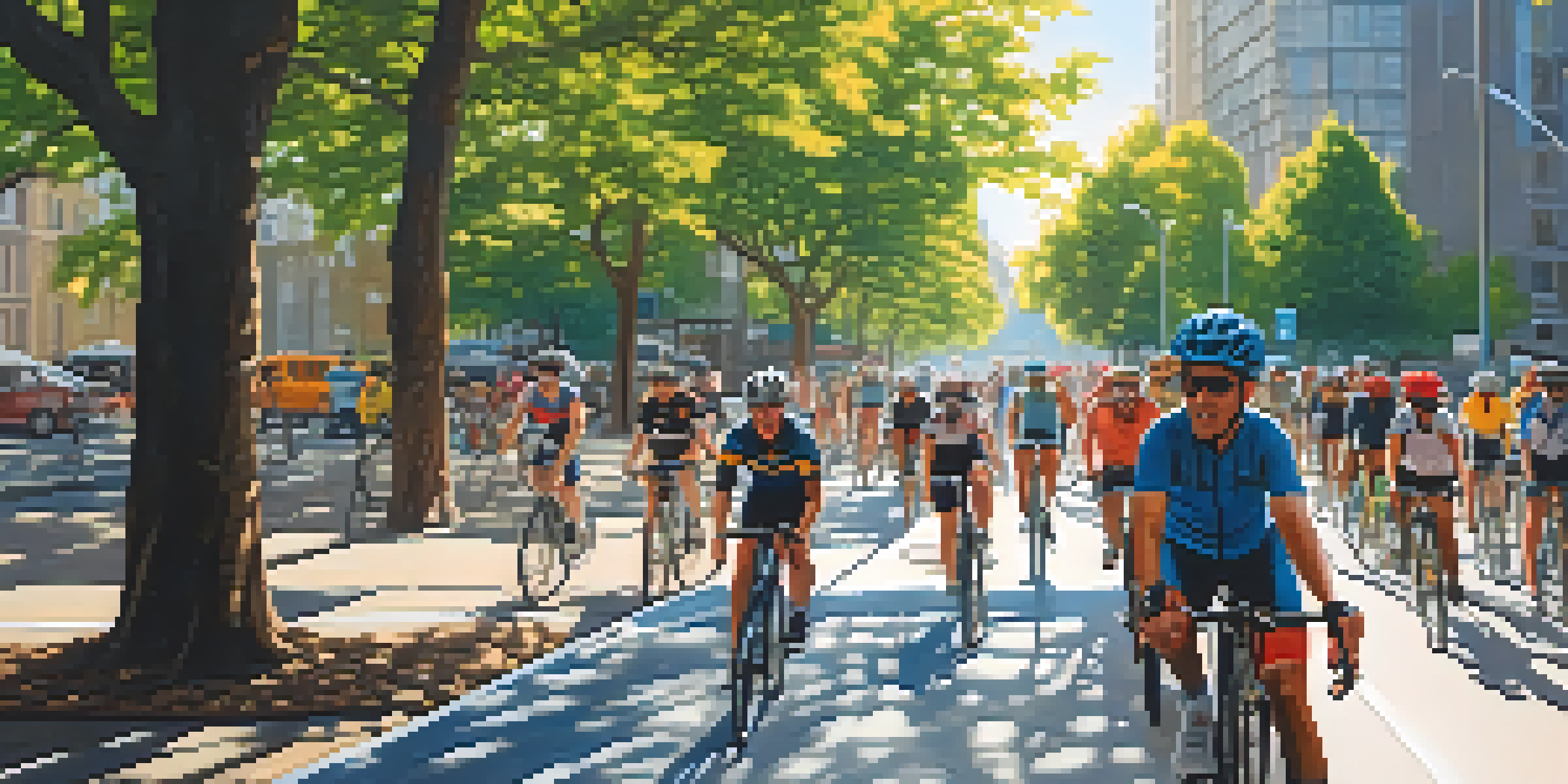 A bustling bike lane in a city with cyclists of different ethnicities, surrounded by modern buildings and trees, under bright sunlight.