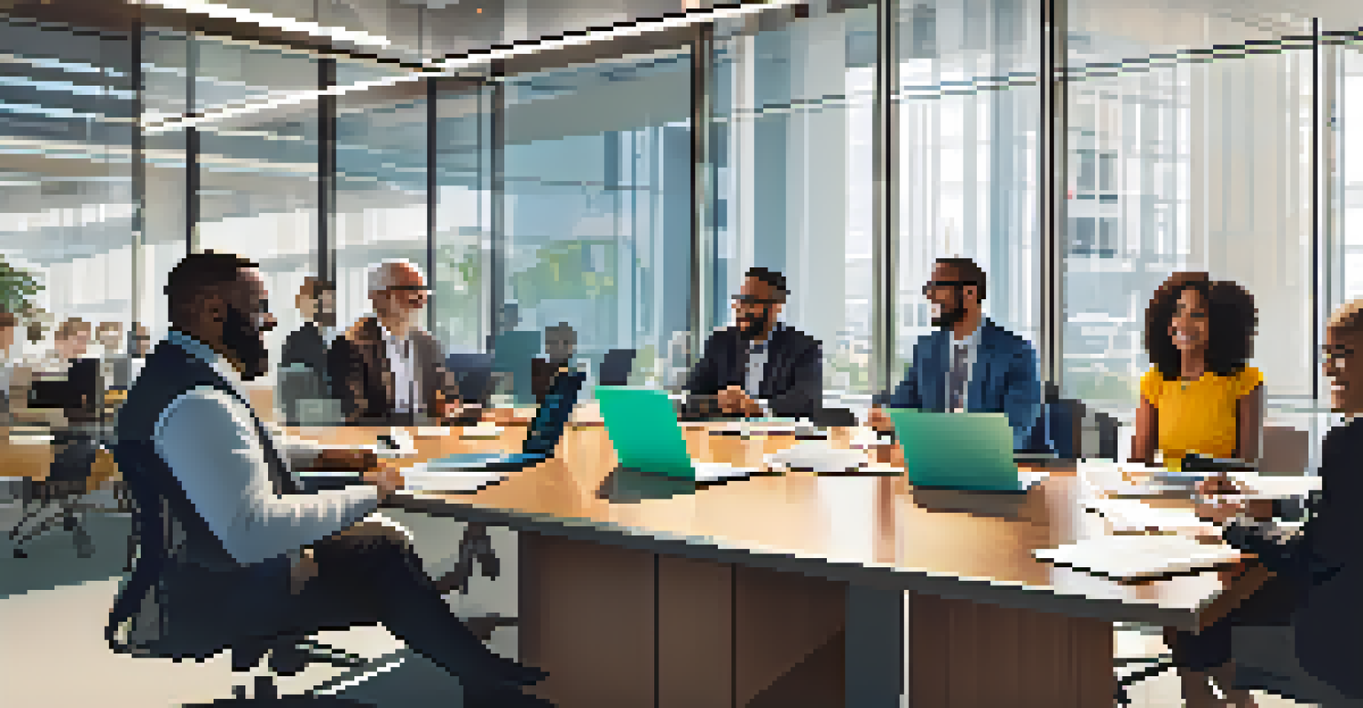 A diverse group of professionals on a video call in a bright office, smiling and engaged.