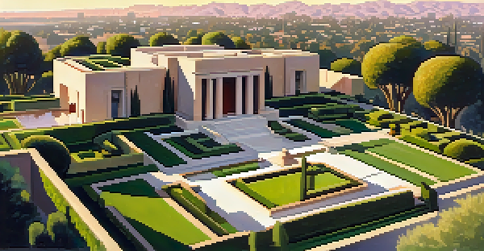 Aerial view of the Hollyhock House, emphasizing its geometric architecture and natural surroundings.