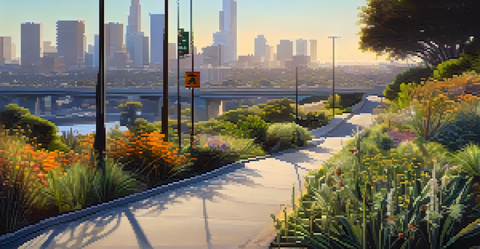 A green wildlife corridor in Los Angeles, featuring a bridge with native plants and animals crossing, set against a backdrop of the city skyline during golden hour.