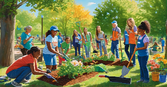 A diverse group of volunteers planting trees and flowers in a sunny park, surrounded by colorful tools and greenery.
