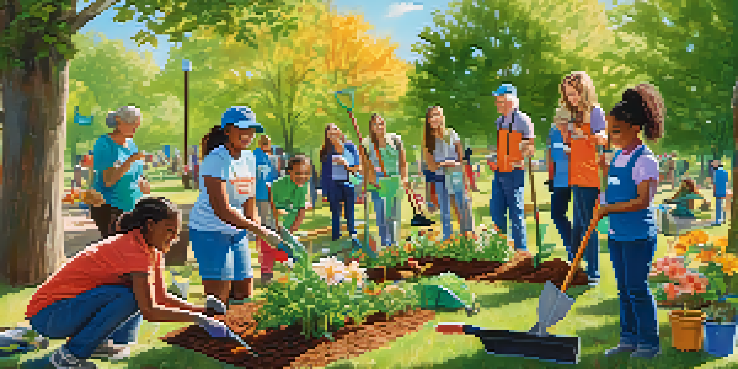 A diverse group of volunteers planting trees and flowers in a sunny park, surrounded by colorful tools and greenery.