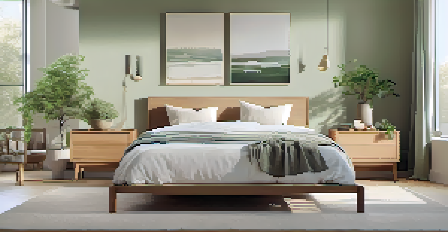 A minimalist bedroom with a soft color palette, low-profile bed, natural wood accents, and large windows allowing natural light.