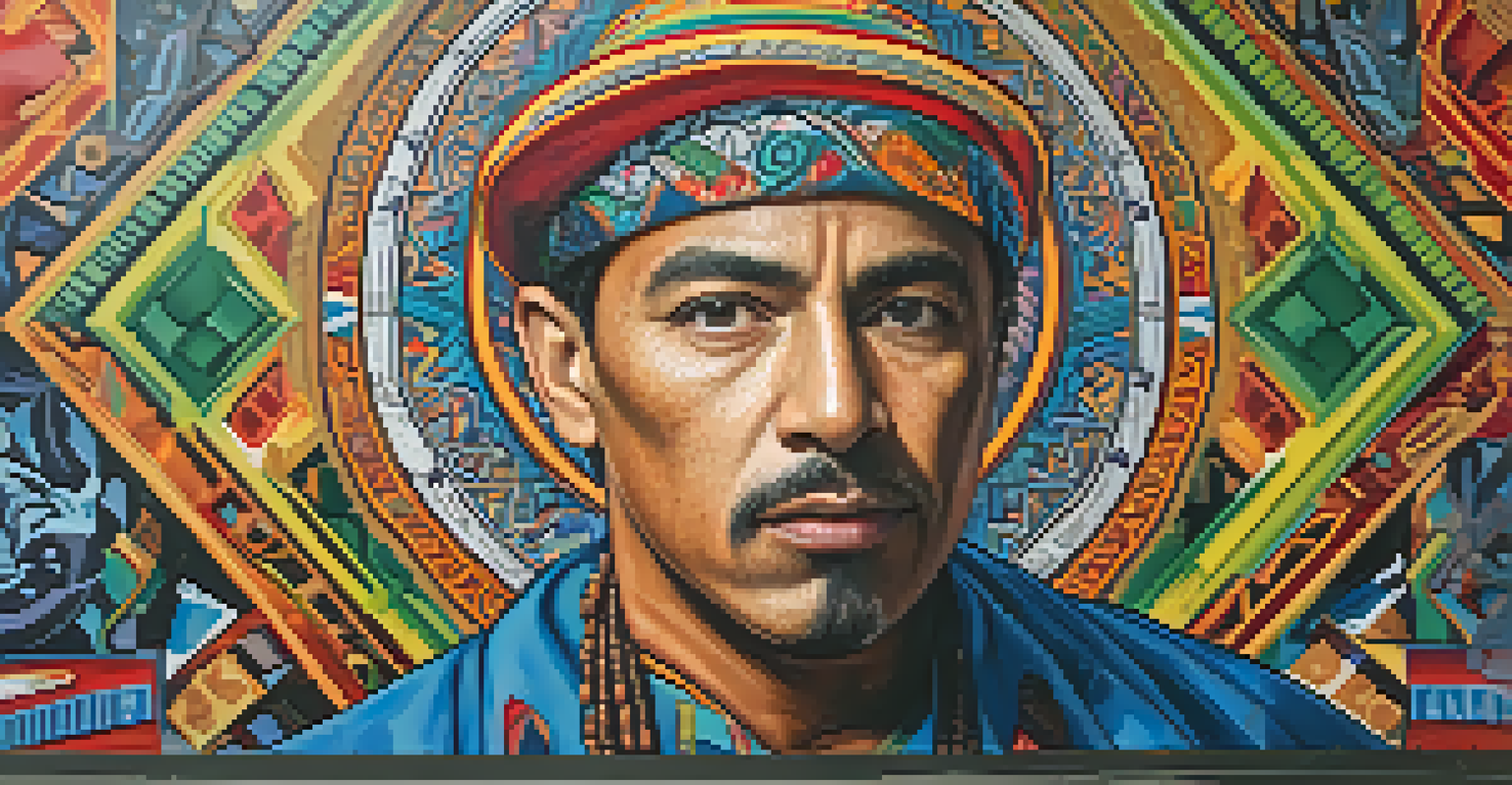 A close-up of a mural showing a historical figure from the Chicano movement, surrounded by bright colors and intricate patterns, symbolizing resilience.