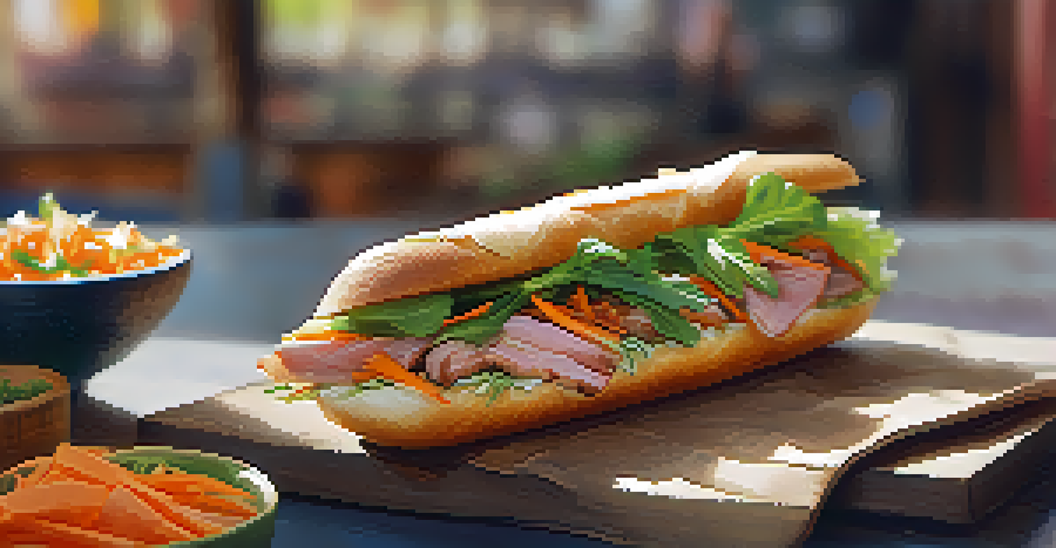 A close-up of a banh mi sandwich filled with pickled vegetables and pork, showcasing the vibrant colors and textures of the ingredients.