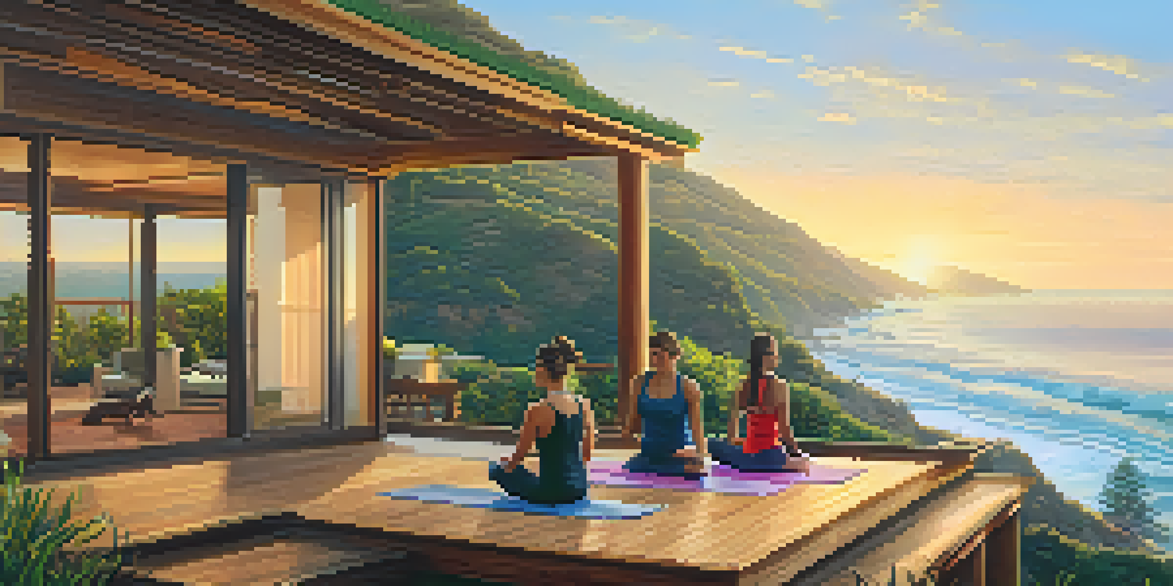 A group of individuals doing yoga on a deck with an ocean view during sunrise, surrounded by greenery.