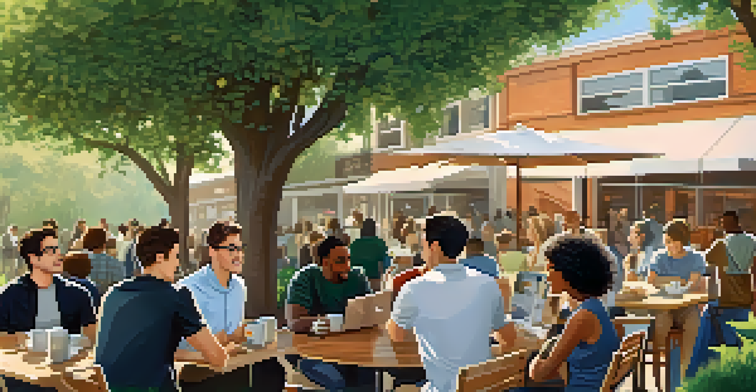 A sunny outdoor networking event with coding boot camp graduates mingling and exchanging business cards.