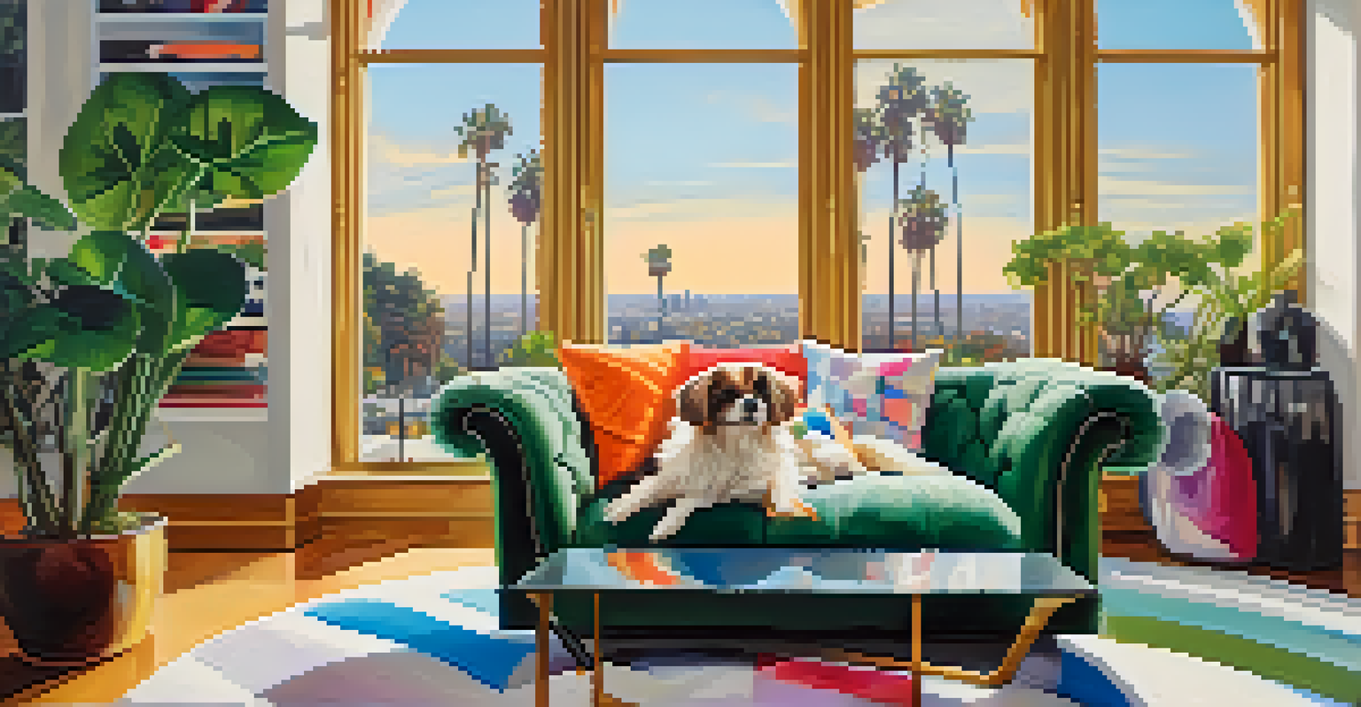 A small dog in a designer outfit on a stylish couch in a chic living room.
